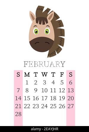 Calendar 2021. Monthly calendar for February 2021 from Sunday to Saturday. Yearly Planner. Templates with cute hand drawn face animals. Vector Stock Vector