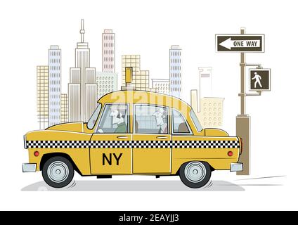 Cartoon yellow retro taxi in New York. Vector illustration Stock Vector