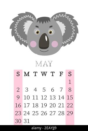 Calendar 2021. Monthly calendar for May 2021 from Sunday to Saturday. Yearly Planner. Templates with cute hand drawn face animals. Vector illustration Stock Vector