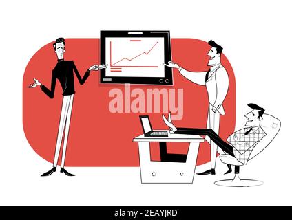 Three business partners are discussing work progress. Business contract, idea financing. Vector illustration Stock Vector