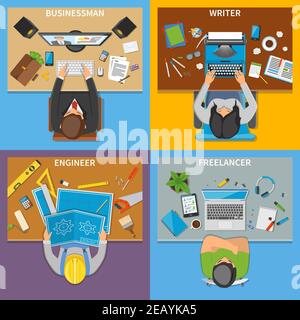 Professions 2x2 design concept set of businessman writer engineer freelancer top view workplaces flat vector illustration Stock Vector