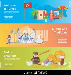 Turkey flat horizontal banners set of  traditional cultural values and turkish breakfast icons compositions flat vector illustration Stock Vector