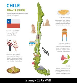 Chile infographics flat layout with border map and travel guide page text elements and symbols vector illustration Stock Vector