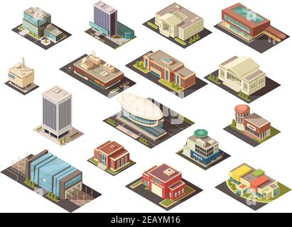 Government building isometric set with state institutions symbols isolated vector illustration Stock Vector