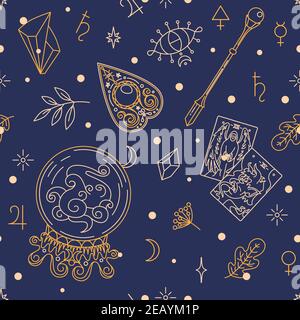 Items of fortune teller or gypsy - textile, wrapping paper and stationery print design. Providence, witchcraft, magic - occult seamless pattern Stock Vector