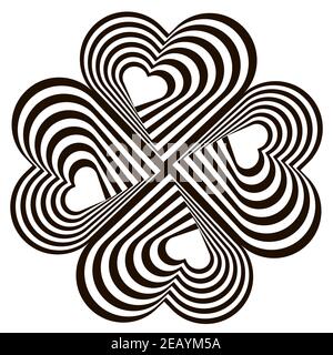 Design four hearts swirl rotation illusion background. Abstract striped distortion twisted backdrop. Vector-art illustration Stock Vector