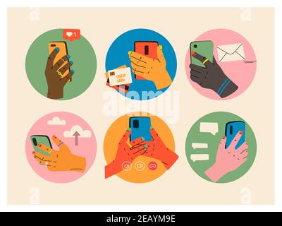 Smartphone in hand. Set of vector concept icons of social networks and communications. Various hands holding smartphones. Video call, text chat, payme Stock Vector