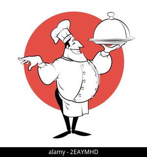 Illustration of cartoon Chef with dish. Sketch illustration. Stock Vector