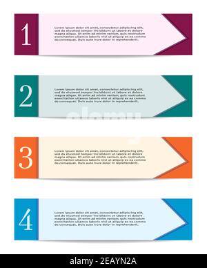 Business plan of action concept. Strategy Four steps. Purple, teal, orange, blue flat banners. Design for infographic, sticker labels. Vector EPS10 Stock Vector
