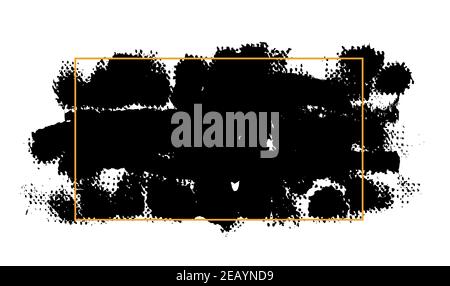 Black paint, ink brush strokes with golden frame. Artistic design Stock Vector