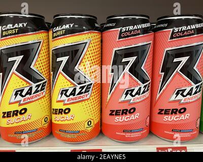 FRESNO, UNITED STATES - Feb 10, 2021: A close up photo of several New  colorful Raze Energy Drinks Zero Sugar in cans on shelf Stock Photo - Alamy