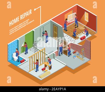 Home repair isometric template with painting carpentry  installation of toilet door and window  isolated vector illustration Stock Vector