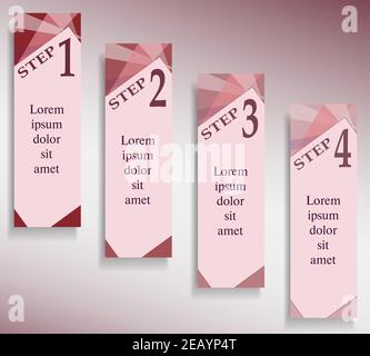 Target concept Four steps. Maroon banners for infographic, plan of action. Flat graphic. Templates with sample text. Geometric design. Vector EPS10 Stock Vector