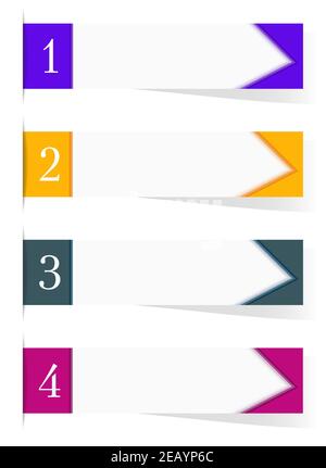 Graphic display for plan of action, sticker labels. Violet, yellow, green, magenta flat banners. Business road map concept Four steps. Vector EPS10 Stock Vector