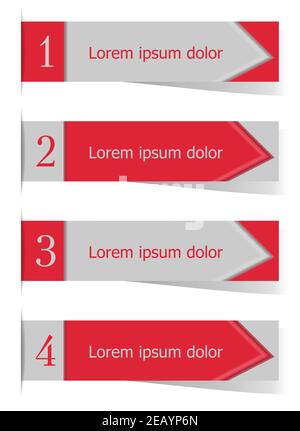 Red, gray infographic pointers, geometric banners. Business plan of action concept. Strategy Four steps. Design for instructions, advert. Vector EPS10 Stock Vector
