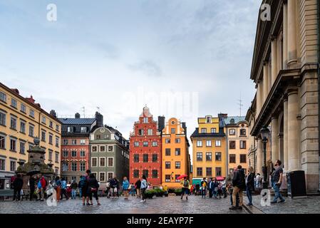 Stockholm, Sweden - August 8, 2019: Scenic view of Stortorget square in Gamla Stan at sunset, the Old Town is one of the largest and best preserved me Stock Photo