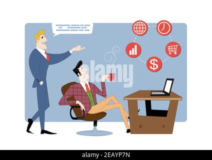 Two business partners are discussing work progress. Business contract, idea financing. Vector illustration Stock Vector
