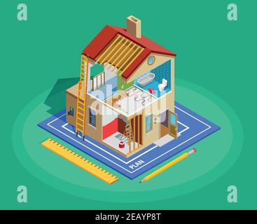 Home repair isometric template with building and different maintenance works on green background isolated vector illustration Stock Vector