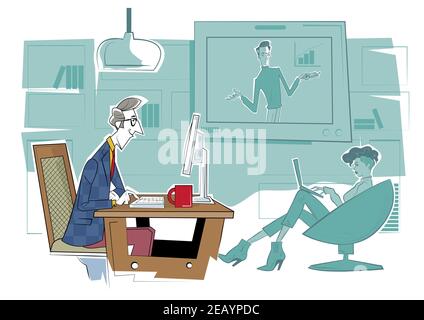Distance web learning. Online education platform, workshop and language tutoring, video call, educational webinar, personal tutor courses. Stock Vector