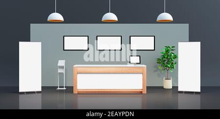 Expo booth or stand with reception desk and empty white mock up screen space 3D Rendering Stock Photo