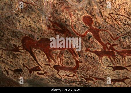 Closeup shot of bushman paintings on a rock in the mountains of Namibia Stock Photo