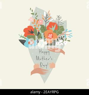 Hands of child and mother holding bouquet of flowers Stock Vector