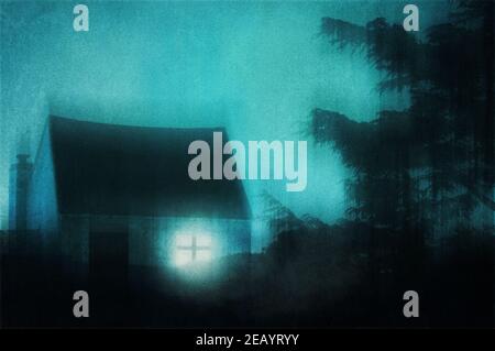 An atmospheric small cottage with a window glowing with light at night. With a grunge, vintage edit. Stock Photo
