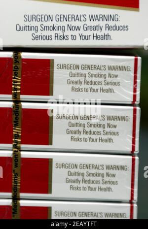 Oct 26 2009. New Orleans, Louisiana. USA Cigarette warnings. Marlboro  Cigarettes.Only the side of an American pack of Marlboro Medium cigarettes  carri Stock Photo