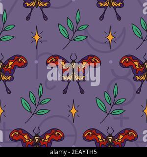 Seamless wicca pattern with hummingbird hawk-moths, stars and twigs. Dark magic - esoteric print design. Witch or Gypsy - pagan and occult seamless or Stock Vector