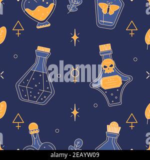 Attributes of Witch - textile, wrapping paper and stationery print design. Alchemy, witchcraft, magic - occult seamless pattern. Ornament with potions Stock Vector