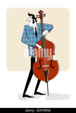 Concept for jazz poster. Man playing double bass. Sketch style illustration. Stock Vector
