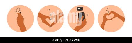 Set of vector illustrations. Heart shaped hands. Phone in hand sending like. Social media covers. Vector flat isolated illustrations for design. Stock Vector