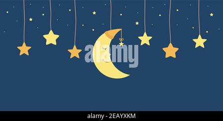 hanging sleeping moon and stars in sky childhood vector illustration EPS10 Stock Vector