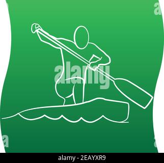 Canoeing logo or kayaking sport emblem - man silhouette that rowing with oars of canoe and river or lake waves Stock Vector