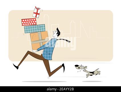 Man with boxes of gifts in his hands runs from angry dog Stock Vector
