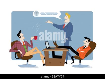 Two business partners are discussing work progress. Business contract, idea financing. Vector illustration Stock Vector
