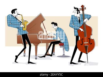 Vector illustration of a Jazz band with double-bass, saxophon and piano Stock Vector