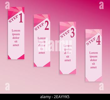 Business target concept Four steps. Pink pointers for infographic, plan of action. Flat banners with text. Abstract design for marketing. Vector EPS10 Stock Vector