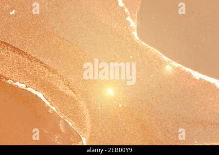 Peachy and gold marble texture with sparkles. Abstract vector background in alcohol ink technique. Modern paint with glitter. Template for banner, pos Stock Vector