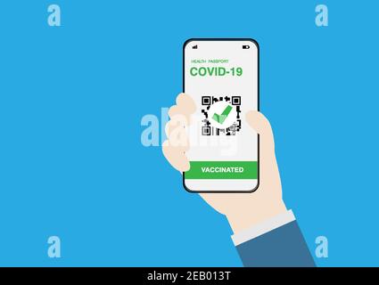 Hand holding smartphone with digital illustration of vaccine passport against covid-19. Travel concept in new normal. Vector illustration. Stock Vector
