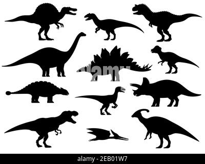 Set silhouettes of dinosaurs. Vector illustration group of black dinosaur silhouette icons isolated on white. Logo side view, profile. Stock Vector