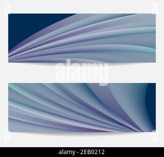 Set of 2 banners with 3d pattern. Vector purple, teal waves, dark blue background, wavy curves. Template design for flyer, certificate, card. EPS10 Stock Vector