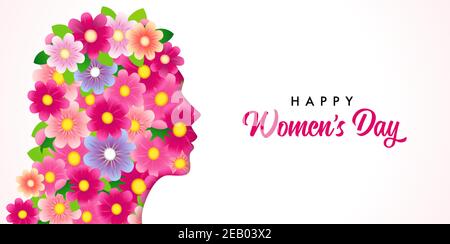 Happy Women's day, beautiful girl head with flowers pattern. Greeting card on March 8 with paper cut girl head silhouette cutout vector illustration Stock Vector