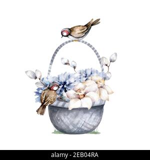 Baskets of spring flowers. Hand drawn watercolor isolated illustration on white background Stock Photo