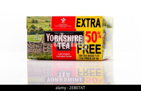 Yorkshire tea bags box with 50% extra free offer shot on white background with reflection. Stock Photo