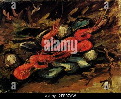 Still Life with Mussels and Shrimps  1880 Stock Photo