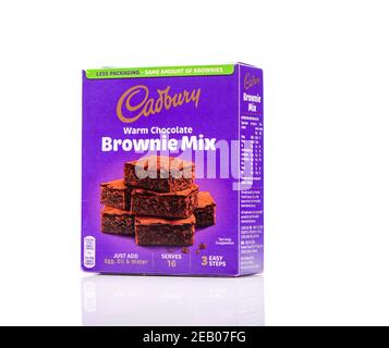 Cadbury warm chocolate brownie mix product box shot on white background with a reflection. Stock Photo