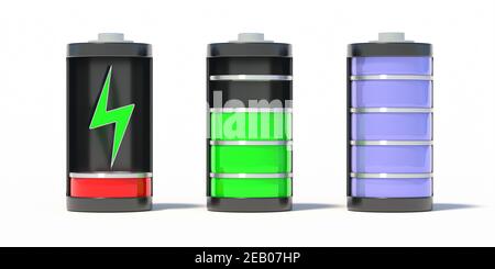 Discharged and fully charged smartphone battery steps isolated on white background, Battery charging indicators. Power energy supply concept, mobile p Stock Photo