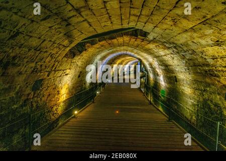 ACRE, ISRAEL, SEPTEMBER 12, 2018: Templar's tunnel in the old town of Akko, Israel Stock Photo