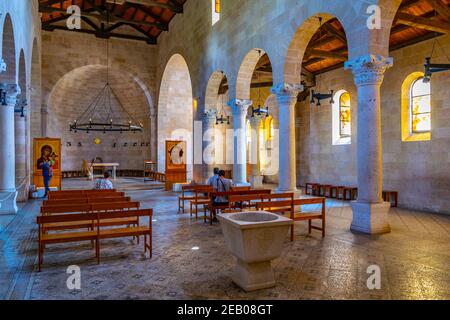 TABGHA, ISRAEL, SEPTEMBER 15, 2018: Interior of the Church of the multiplication of the loaves and fishes in Tabgha, Israel Stock Photo